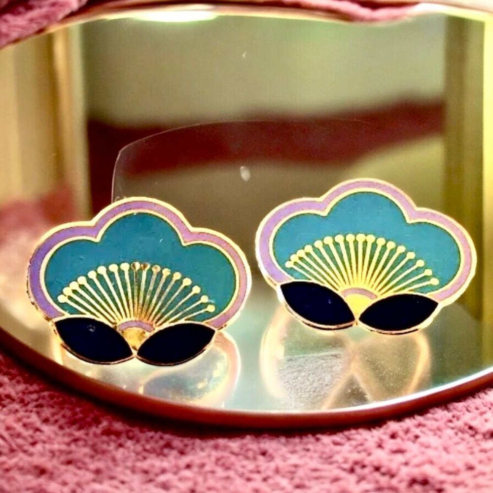 Laurel Burch Clip-On Enamel Earrings Plum Blossom Signed Vintage